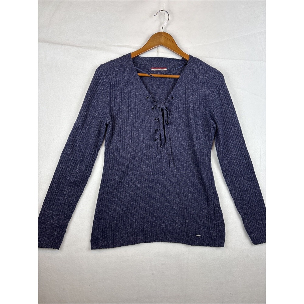 Tommy Hilfiger 100% Cotton Womens Large Pullover Sweatshirt Dark Blue Lace Up